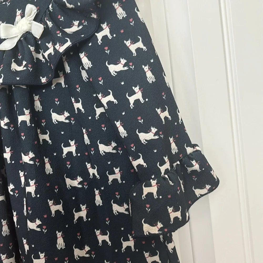 Paz Rodríguez Navy Blue Dog Print Long Sleeve Dress